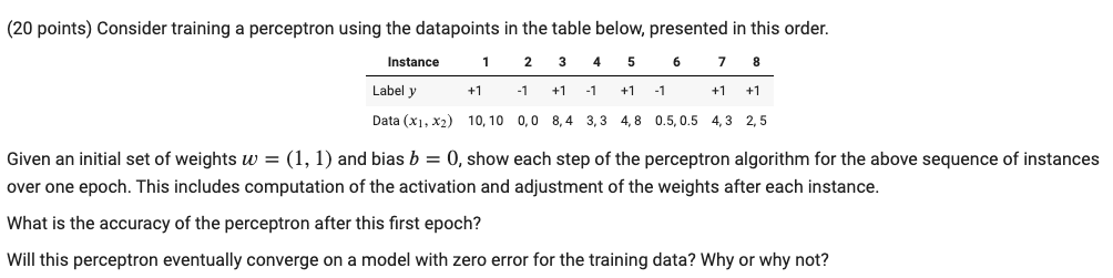 (20 points) Consider training a perceptron using the datapoints in the
