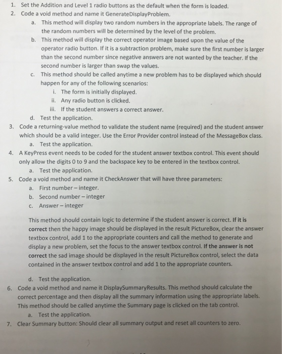  C# Math Practice Application Set the Addition and Level 1 radio