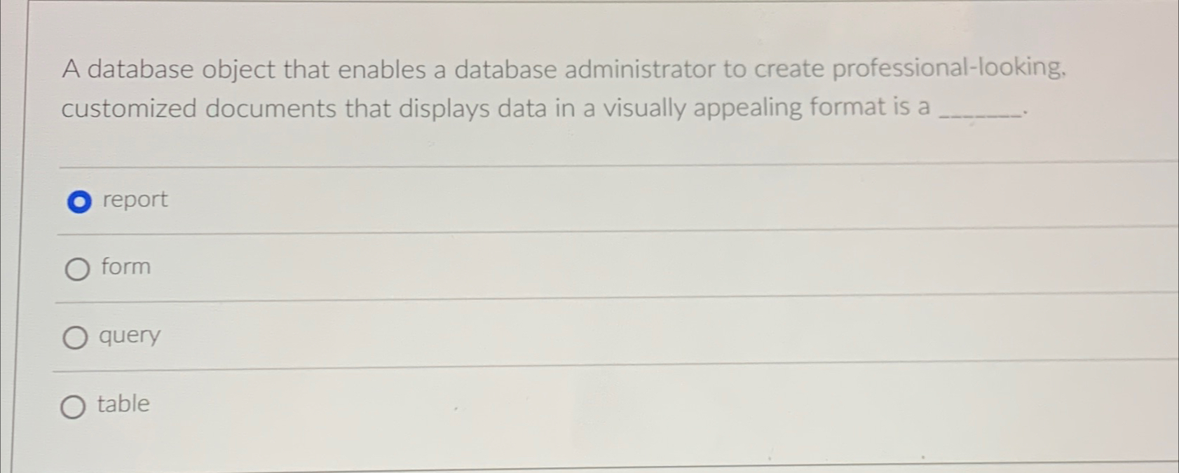  A database object that enables a database administrator to create professional-looking,