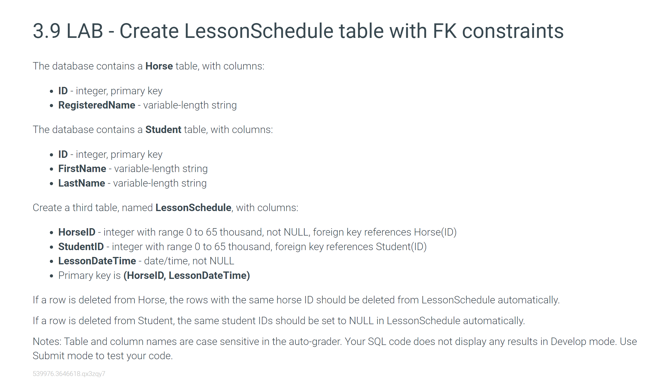  3.9 LAB - Create LessonSchedule table with FK constraints The database