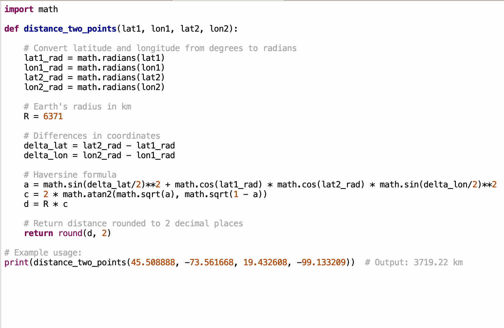  This code in python is supposed to print 3719.22 km but