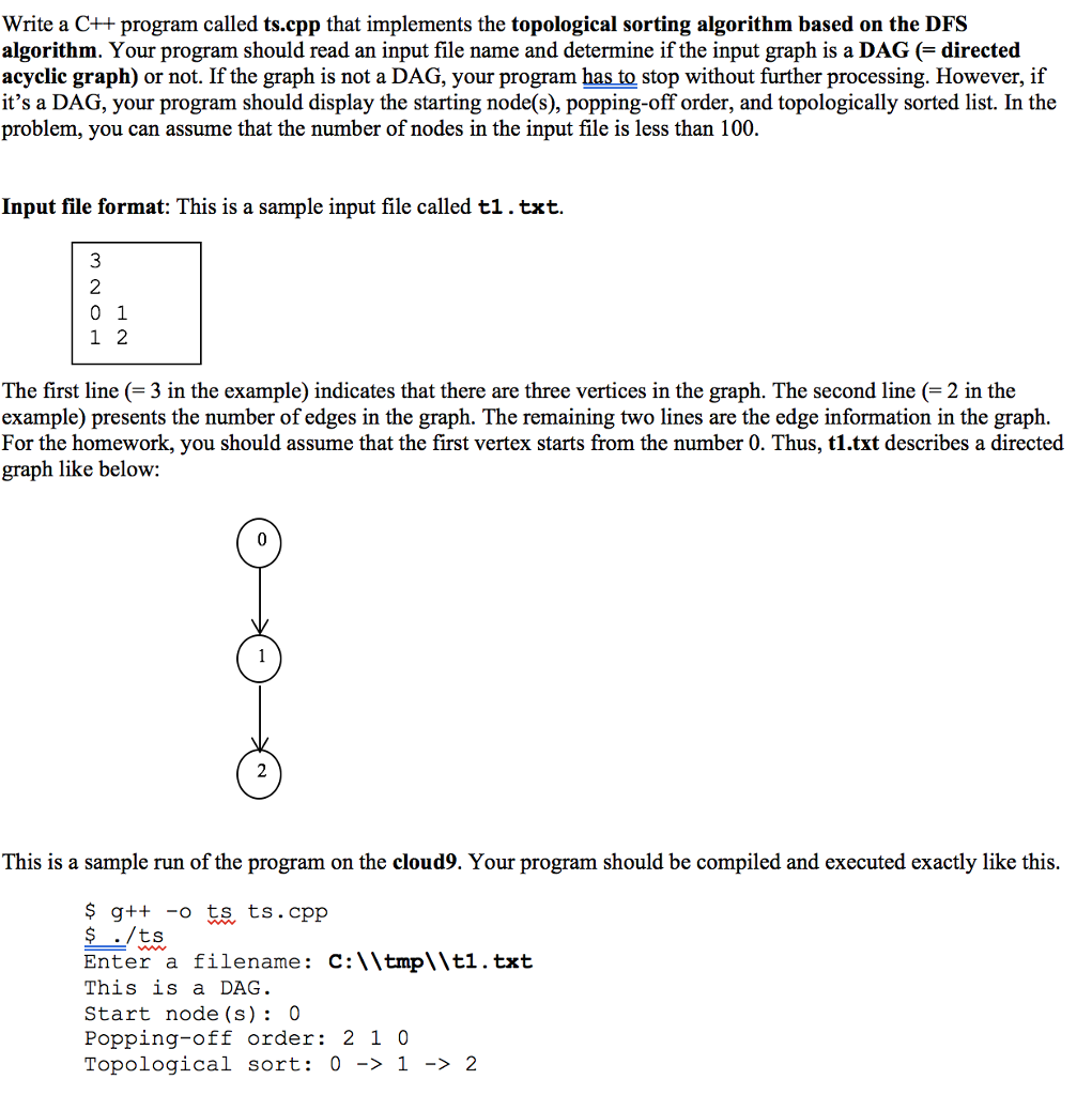  Write a C++ program called ts.cpp that implements the topological sorting