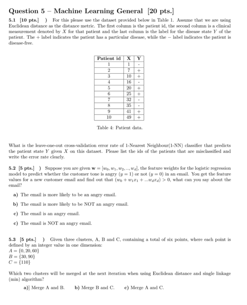  Question 5 - Machine Learning General [20 pts.] 5.1 [10 pts.]