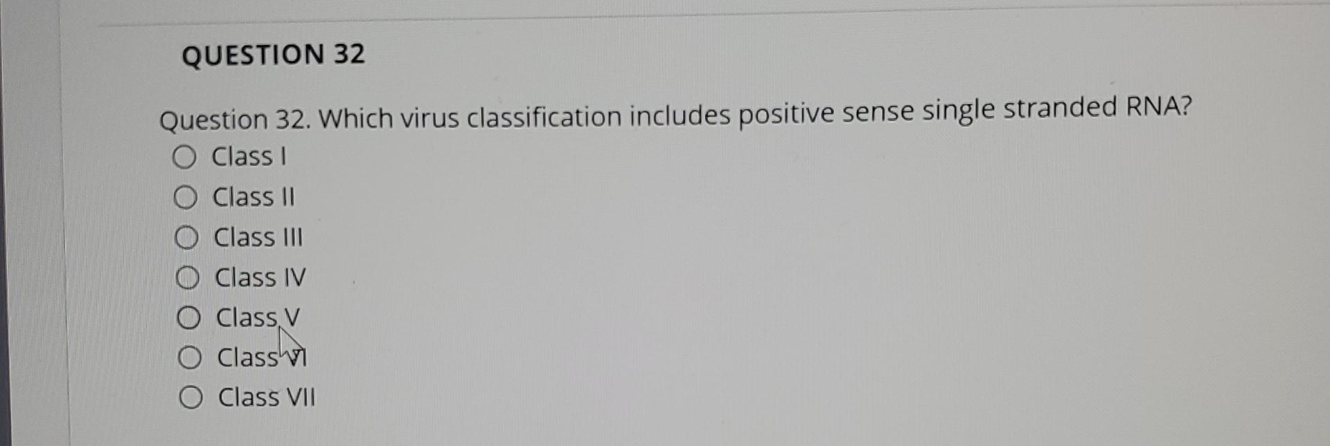 QUESTION 32 Question 32. Which virus classification includes positive sense single