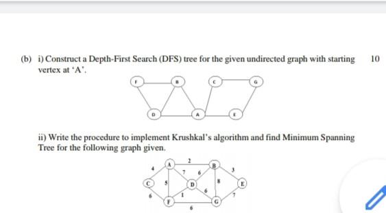  10 (b) i) Construct a Depth First Search (DFS) tree for