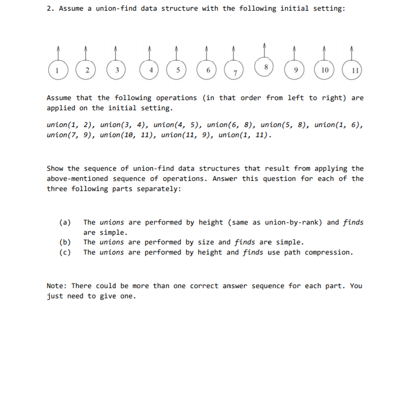  2. Assume a union-find data structure with the following initial setting: