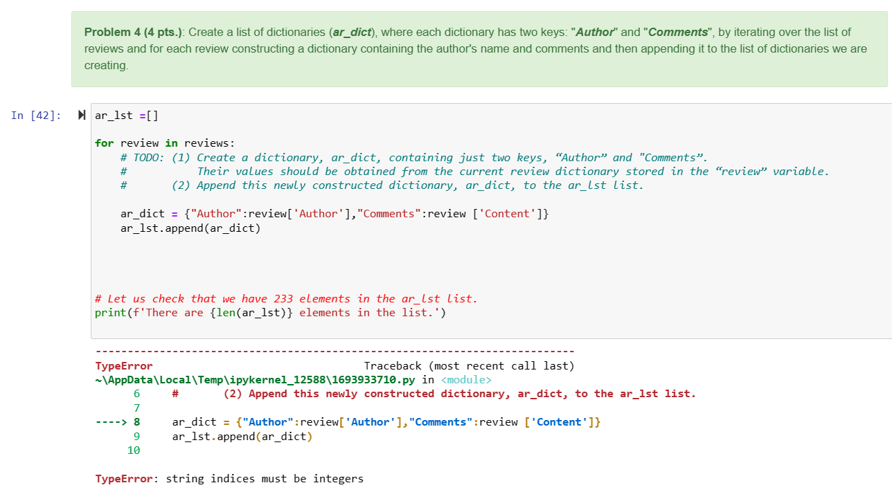 How do I fix this Type Error? Problem 4 (4 pts.): Create