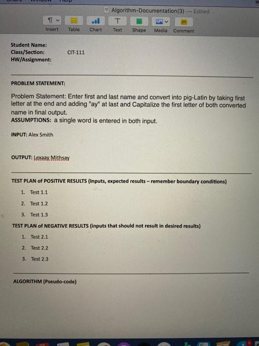 CIT-111 HW#2, Just need the tests and the psuedo code, NEED these