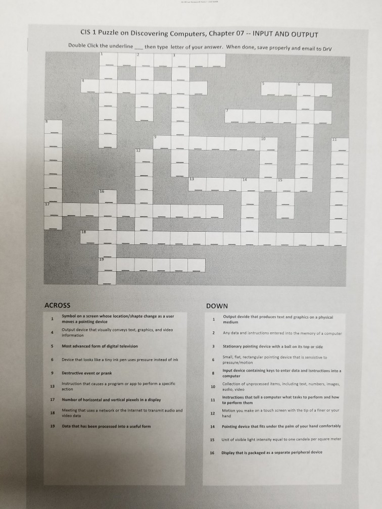 CIS CIS 1 Puzzle on Discovering Computers, Chapter 07 INPUT AND