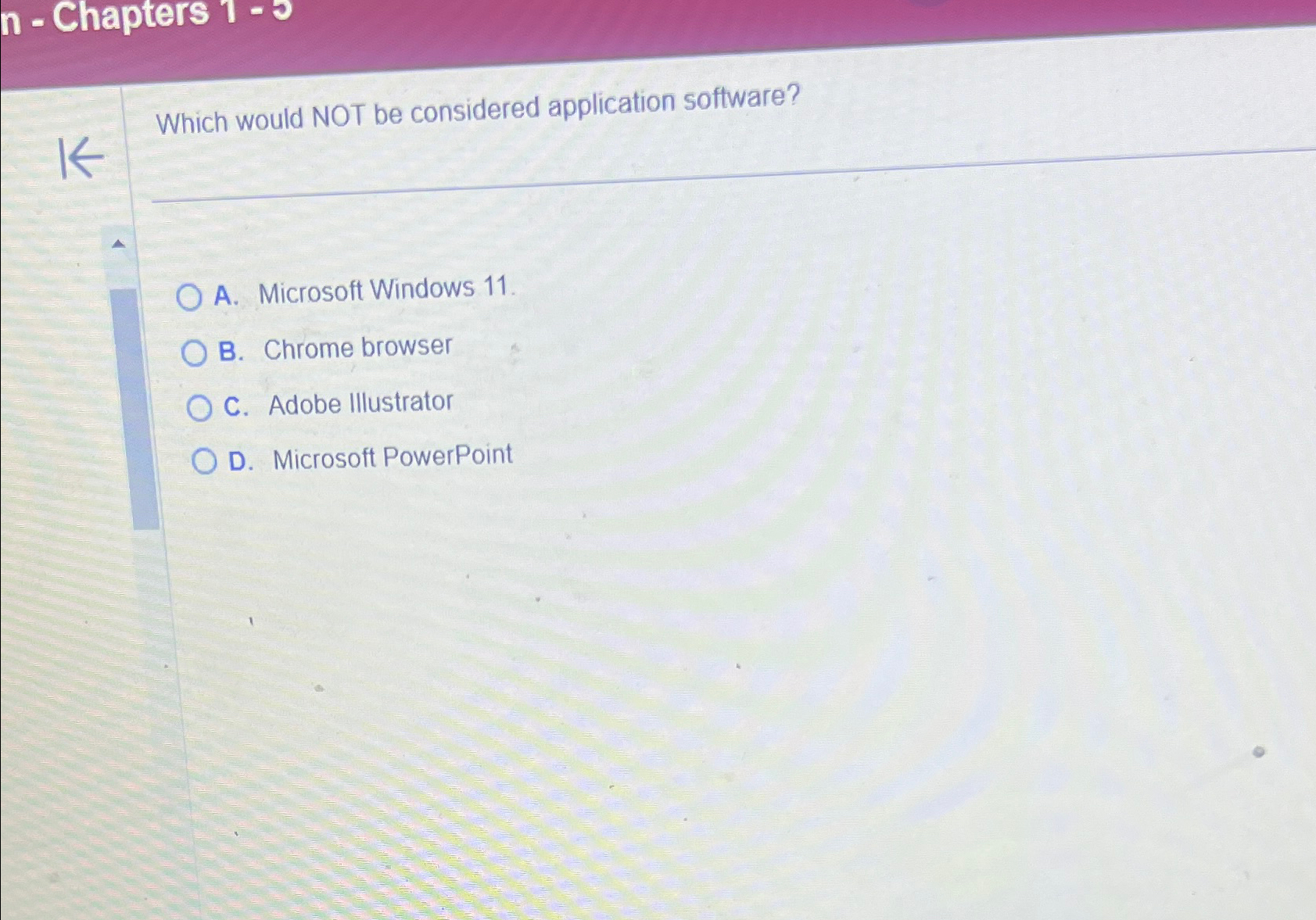  Which would NOT be considered application software? A. Microsoft Windows 11