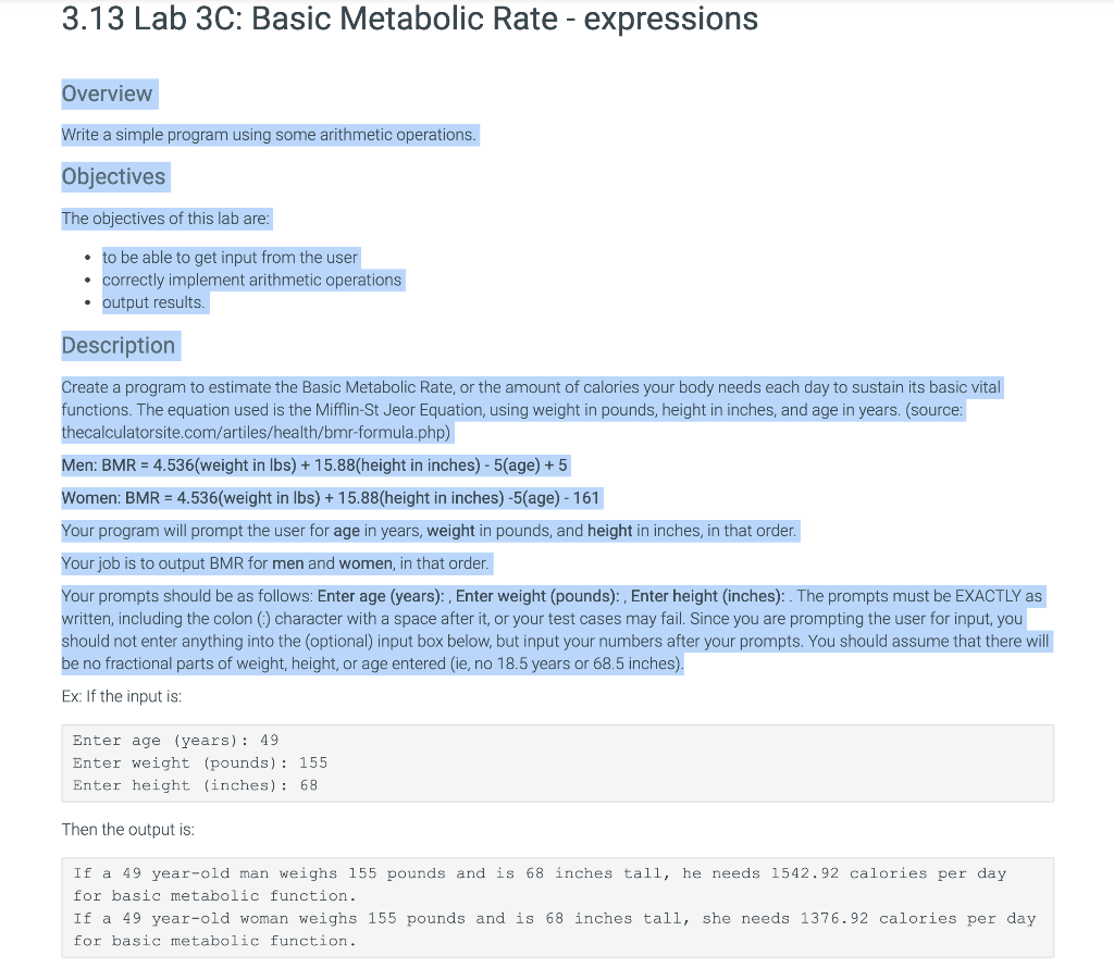  3.13 Lab 3C: Basic Metabolic Rate - expressions Overview Write a