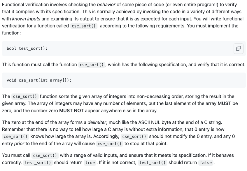 In C Functional verification involves checking the behavior of some piece of