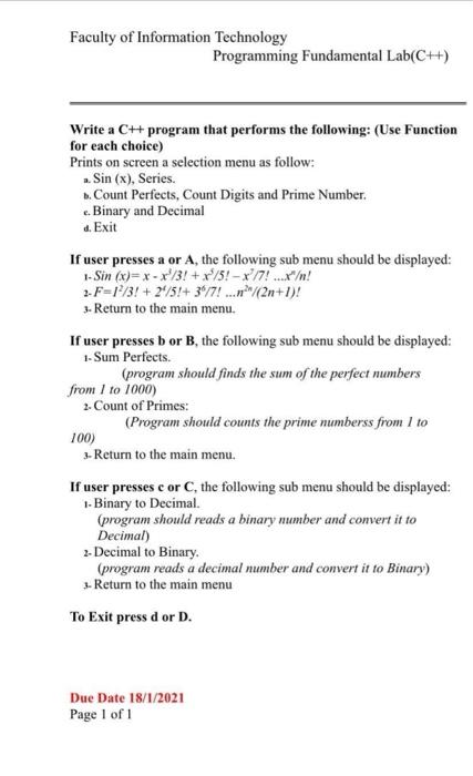  Faculty of Information Technology Programming Fundamental Lab(C++) Write a C++ program