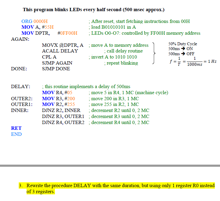  This program blinks LEDs every half second (500 msec approx.) ORG