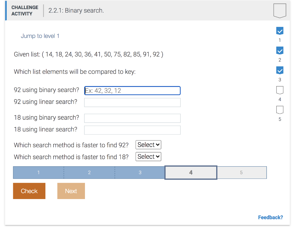  CHALLENGE ACTIVITY 2.2.1: Binary search. Jump to level 1 1 Given