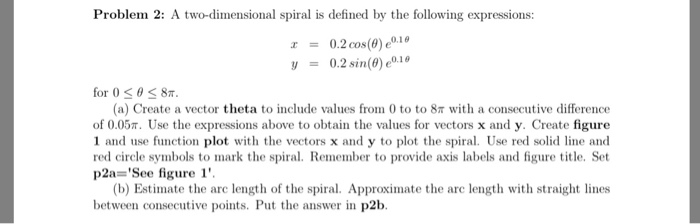  MATLAB Problem 2: A two-dimensional spiral is defined by the following