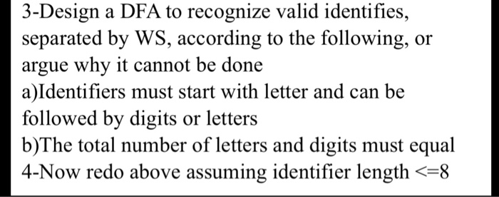  3-Design a DFA to recognize valid identifies, separated by WS, according