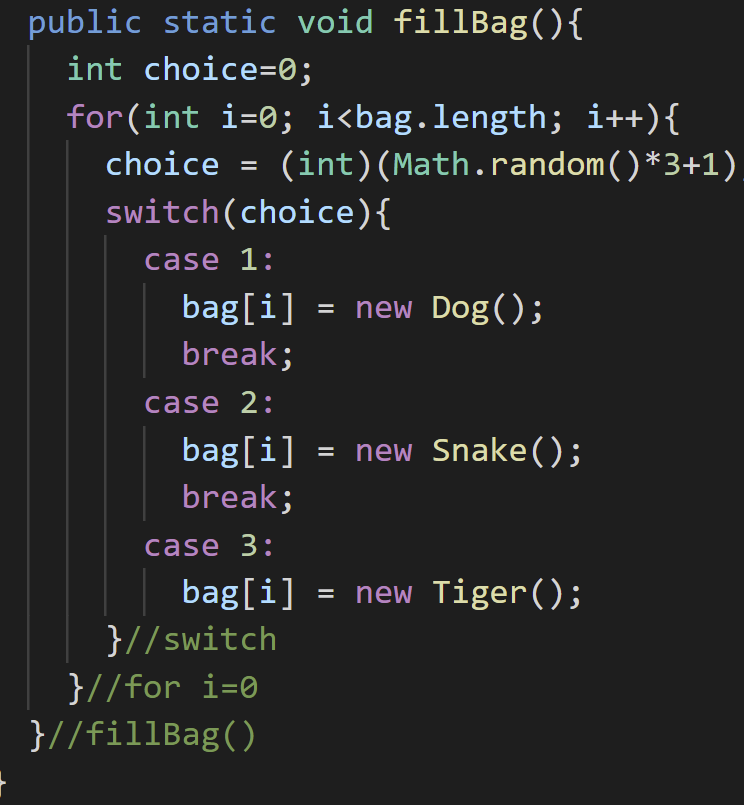 method to include your new animals as possible animals. public class Jungle