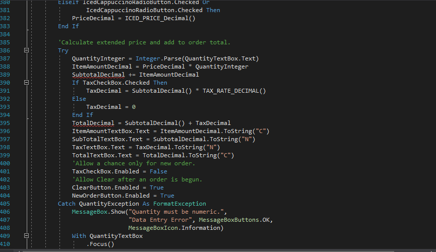 Public Class BillingForm Declare module-level constants Const TAX RATE Decimal As Decimal