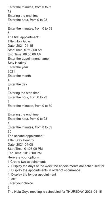 Appointment class: a title, a date, a beginning time, and an ending