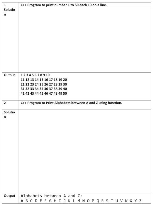 C++ \begin{tabular}{|c|c|} \hline 1 & C++ Program to print number 1