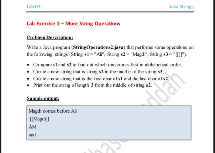 introduction to java Lab 07: Java Strings Lab Exercise 2 - More