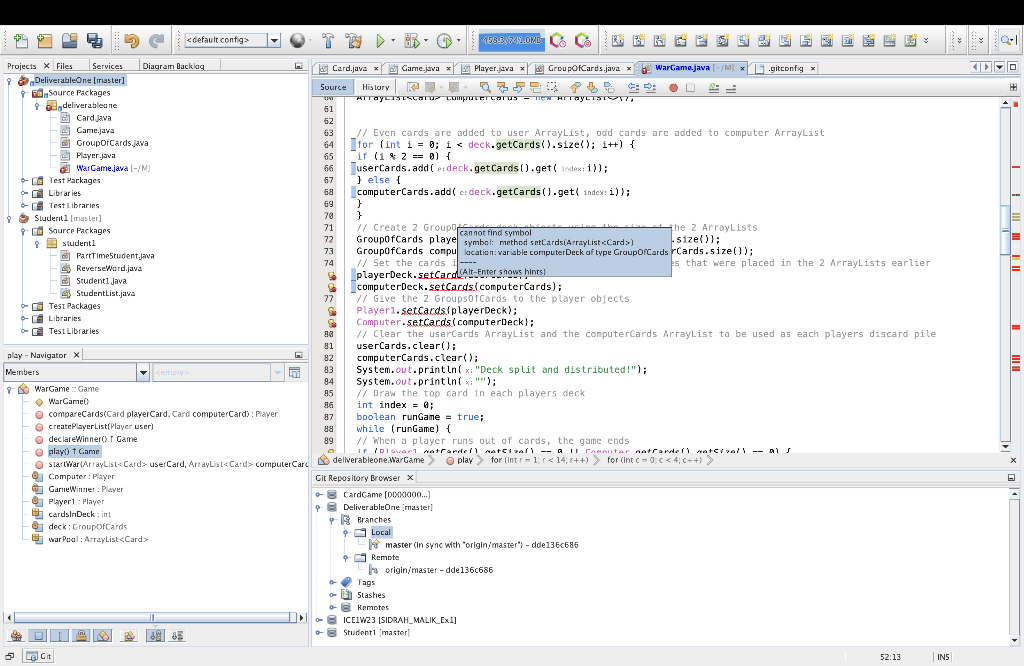 Regarding the error "cannot final symbol symbol: method getCardDeck( location: variable deck