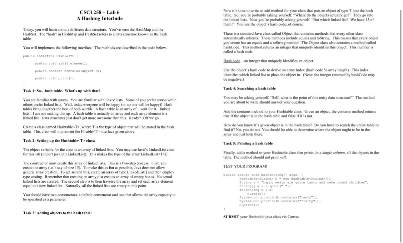  CSCI 258- Lab 6 A Hashing Interlude Today, you will learn