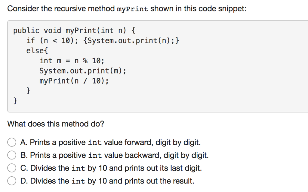 java Consider the recursive method myPrint shown in this code snippet: public