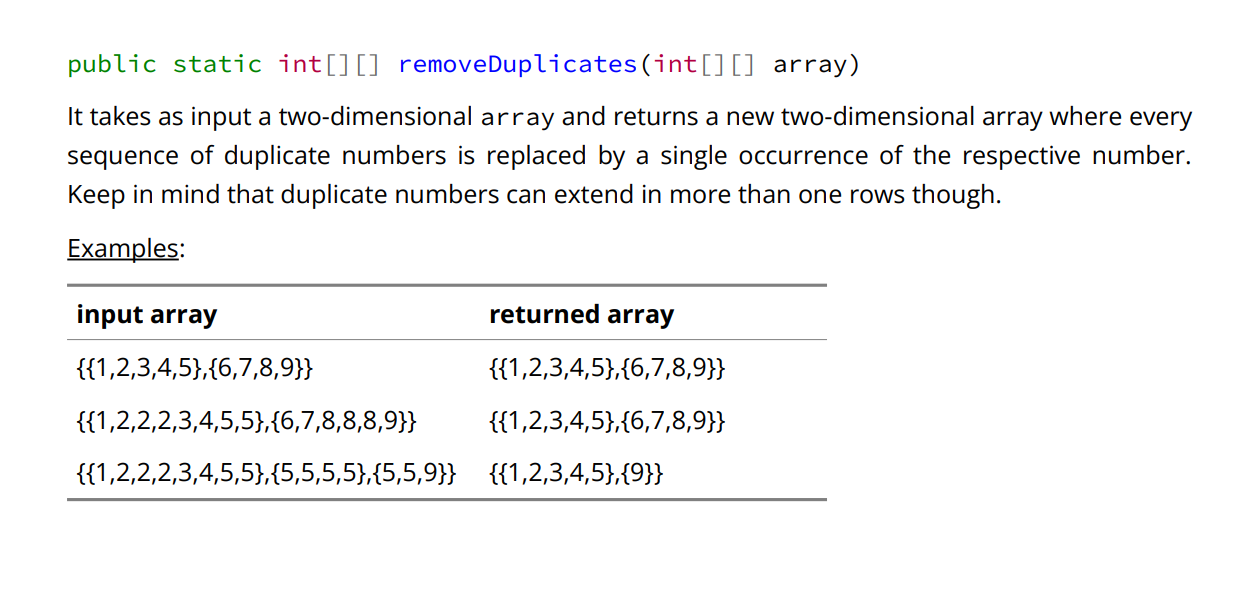 Please help me solve this problem public static int [][] removeDuplicates(int [][]