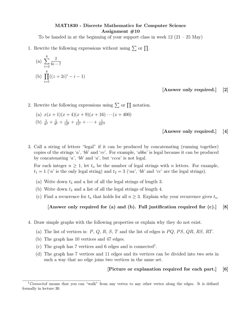 MAT1830 - Discrete Mathematics for Computer Science Assignment #10 To be