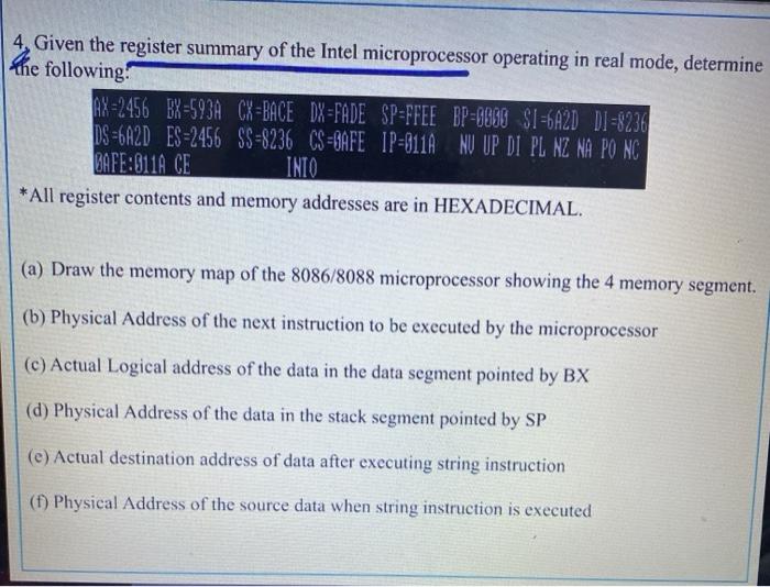 summary of the Intel microprocessor operating in real mode, determine he following: