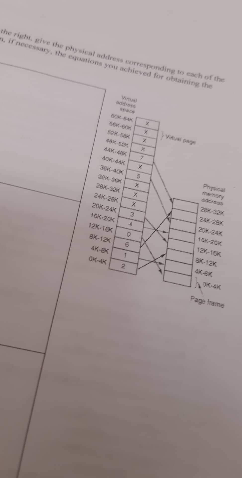 the right, give the physical address corresponding to each of the virtual