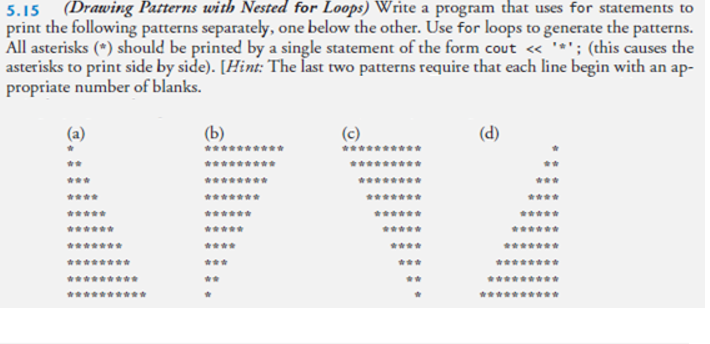  5.15(Drawing Patterns with Nested for Loops) Write a program that uses