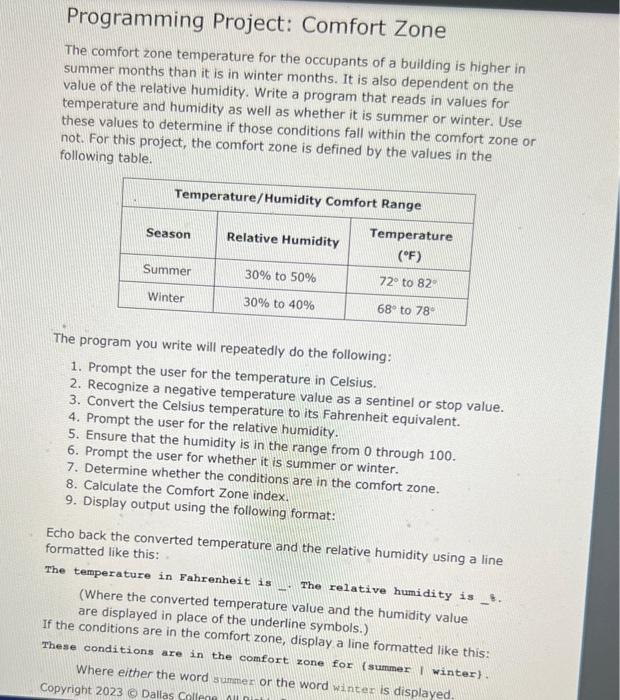 Help Programming Project: Comfort Zone The comfort zone temperature for the occupants