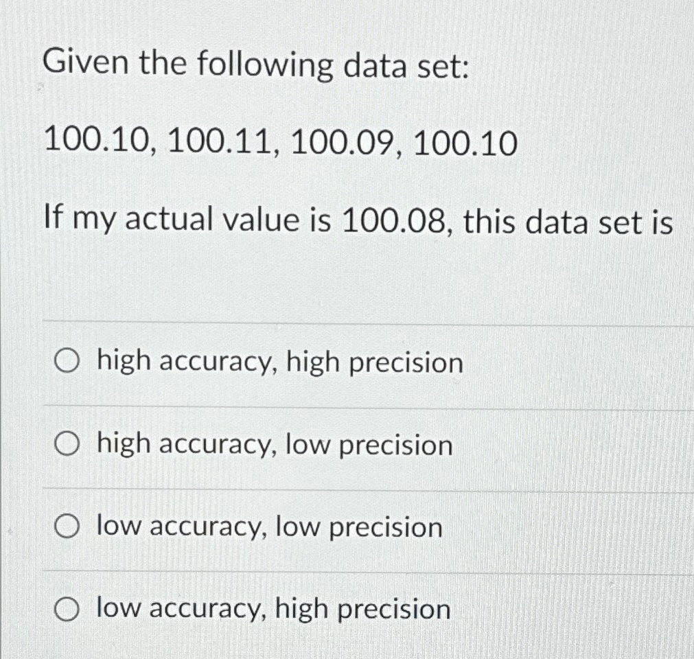  Given the following data set: 100.10,100.11,100.09,100.10 If my actual value is