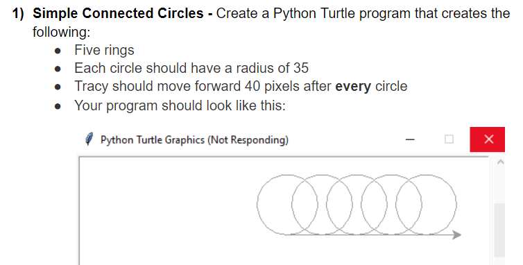 Python Tracy Turtle Circles move forward 40 pixels after every . 1)