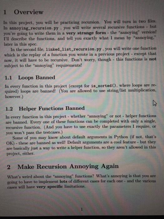 1 Overview In this project, you will be practicing recursion. You
