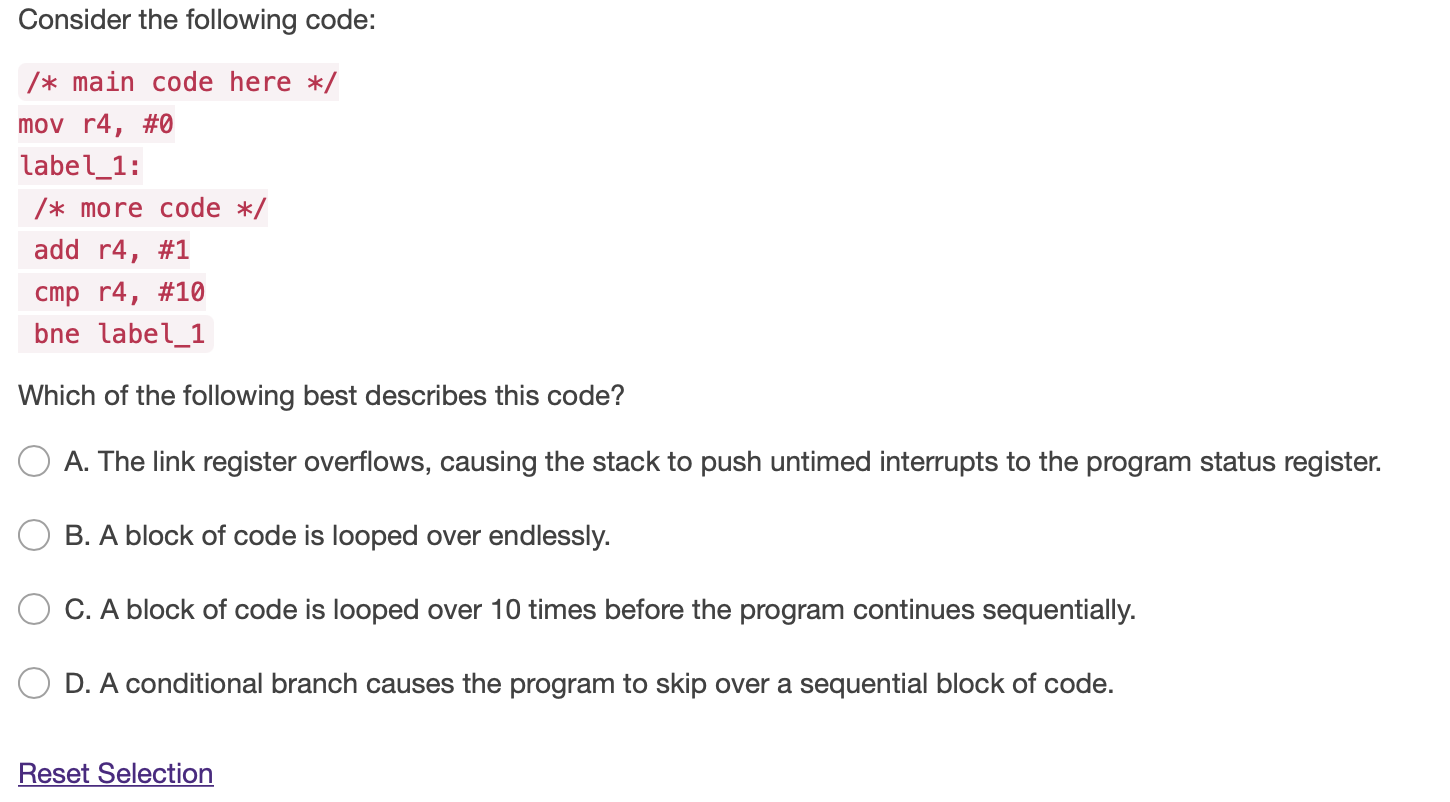  Consider the following code: /* main code here */ mov r4,