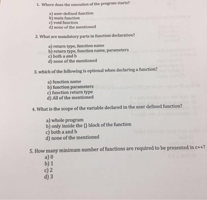  1. Where does the execution of the program starts? a) user-defined