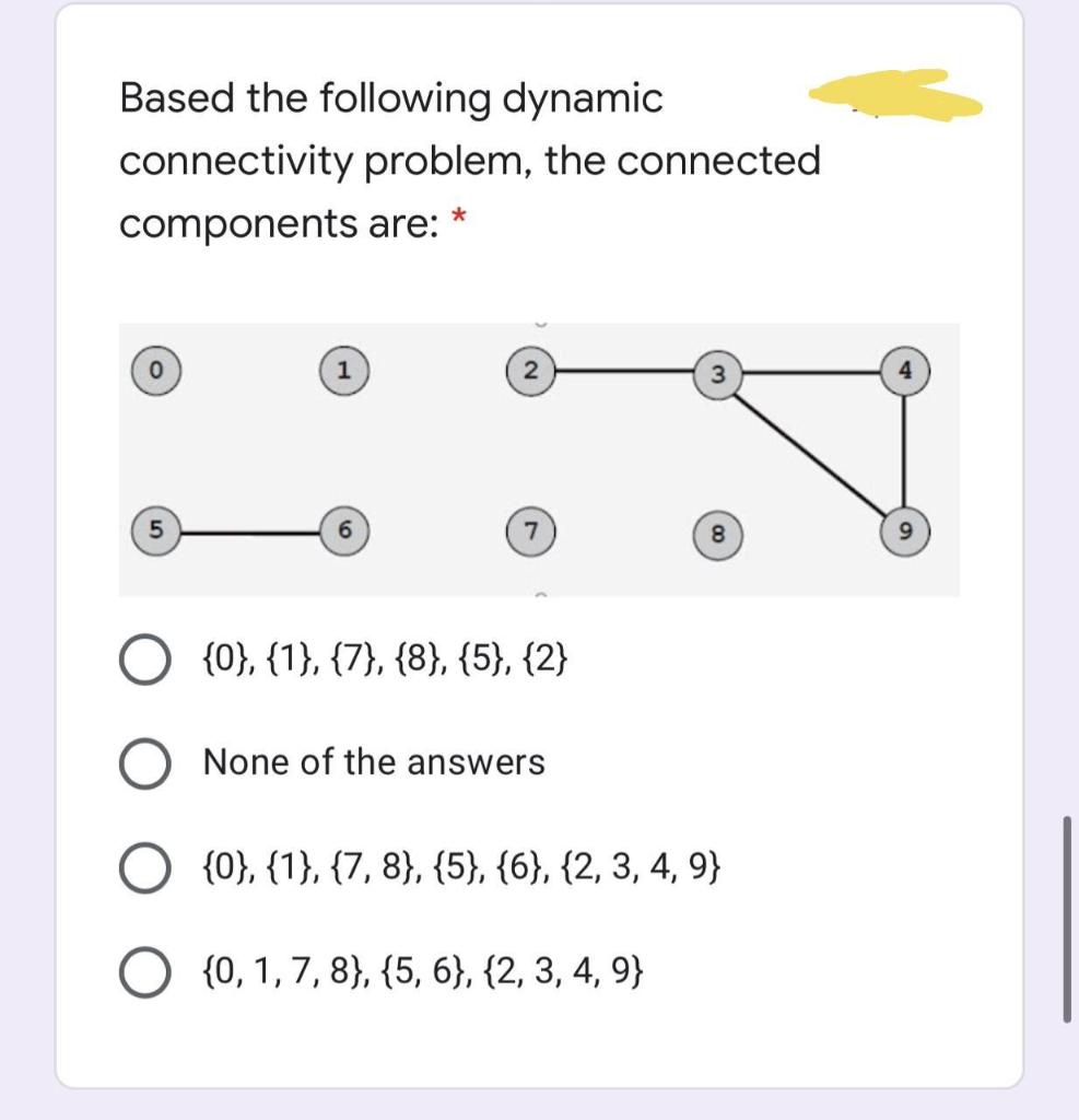 Based the following dynamic connectivity problem, the connected components are: *