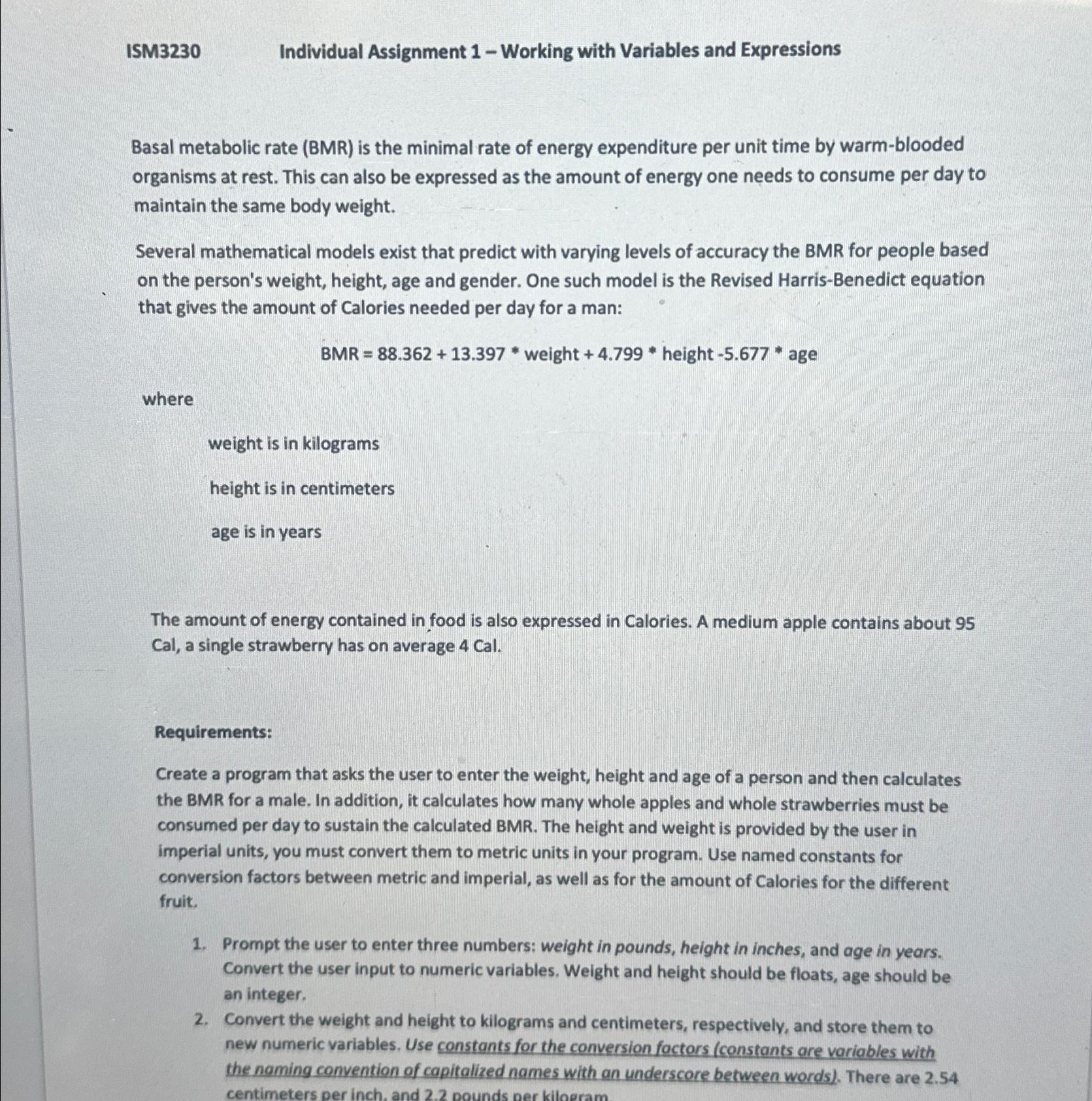  ISM3230 Individual Assignment 1- Working with Variables and Expressions Basal metabolic