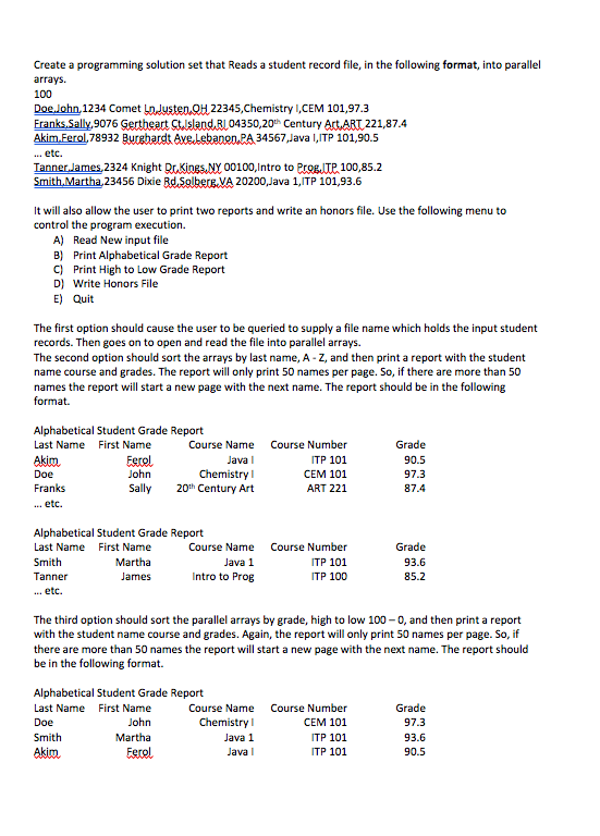 Create a programming solution that reads a student record file into parallel