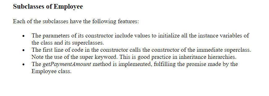 does not implement the methods. For example, the Payable interface should declare