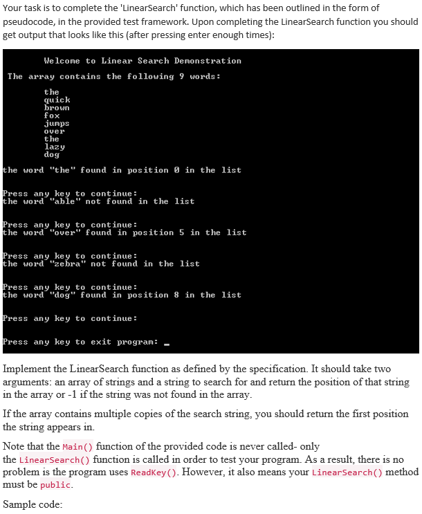  using System; using System.Collections.Generic; using System.Linq; using System.Text; namespace Linear_Search {