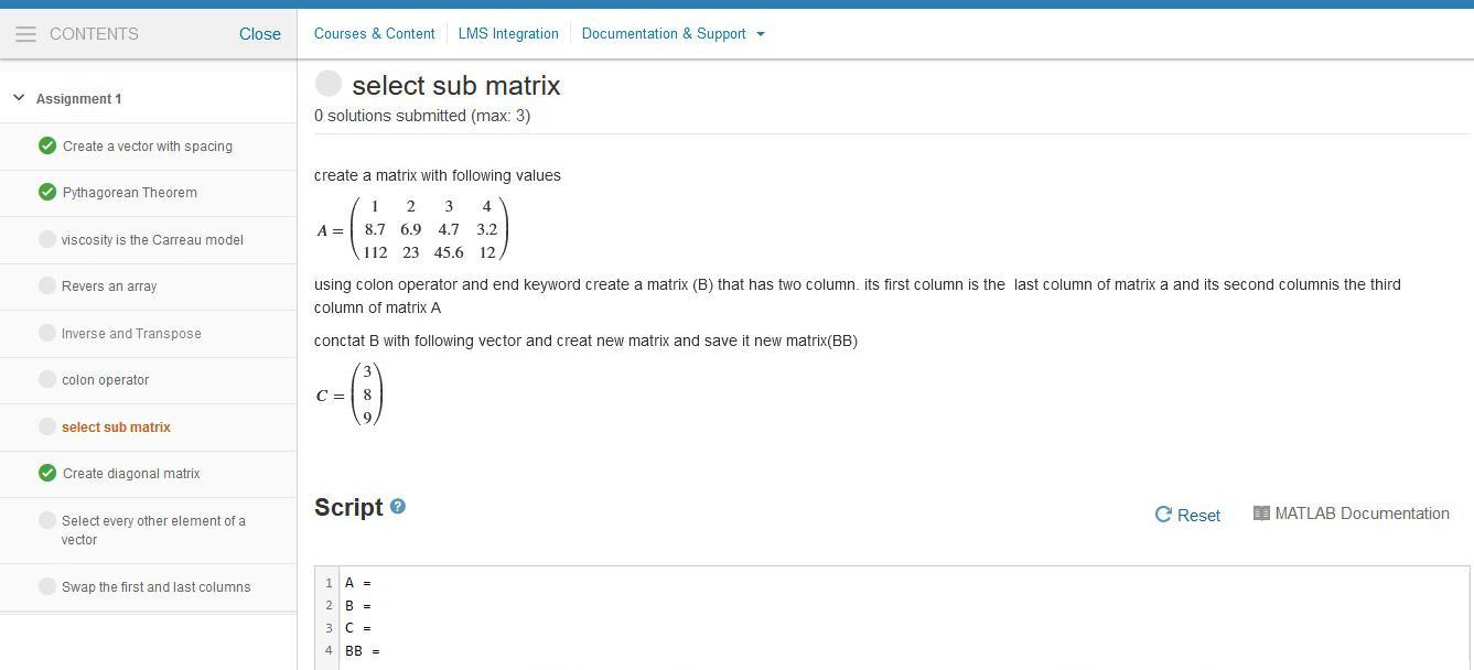 PLEASE HELP! with my matlab assignment = CONTENTS Close Courses & Content