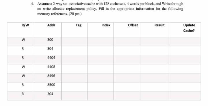 4. Assume a 2-way set-associative cache with 128 cache sets, 4