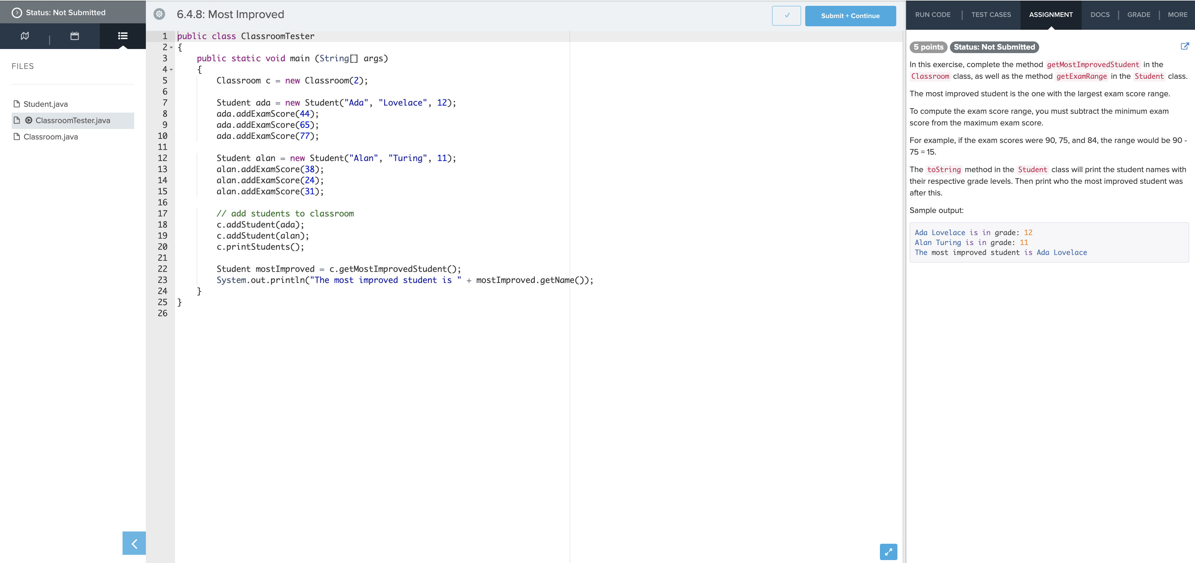 6.4.8: Most Improved Save Submit + Continue RUN CODE | TEST CASES