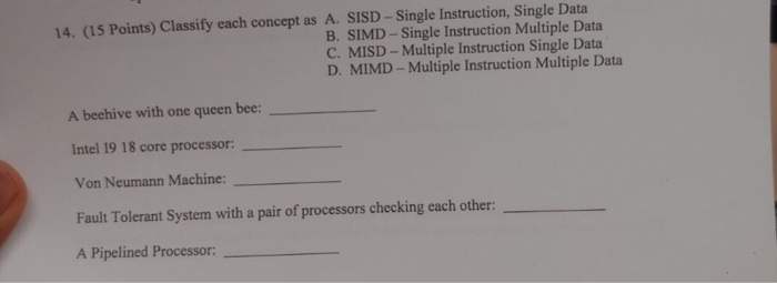  14. (15 Points) Classify each concept as A. SISD- Single Instruction,