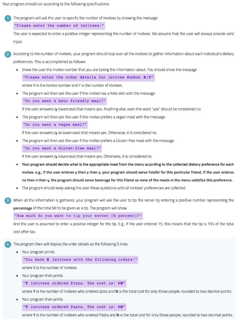 I need help writing a code with the following instructions: our program